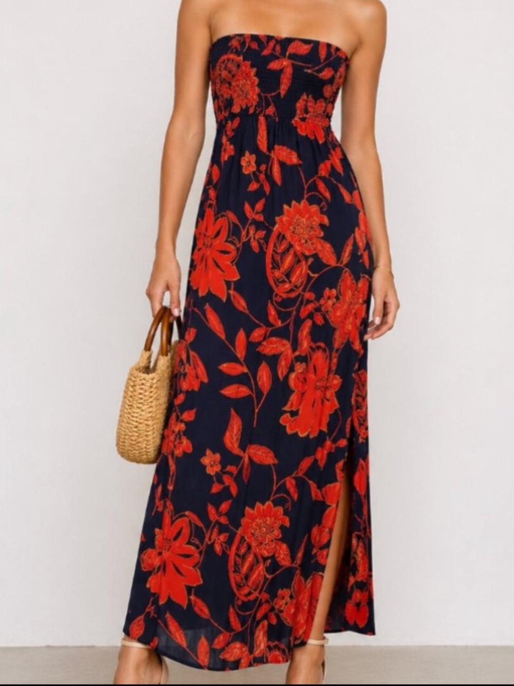 Strapless Floral Maxi Dress Red Blue Summer Vacation M